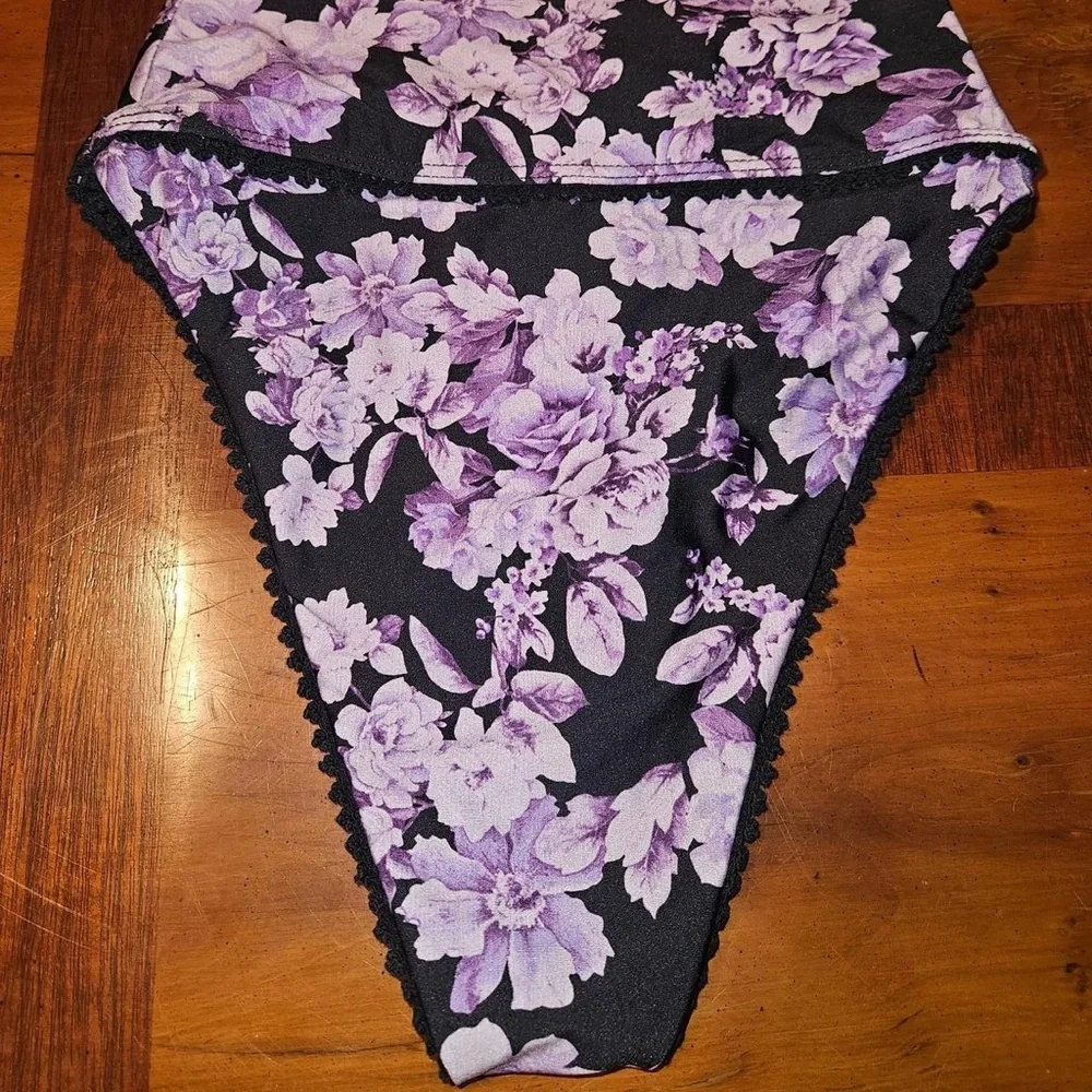 Free People Black & Purple Floral High-Waist Bikini Bottoms